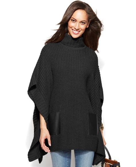 michael kors black fringe poncho|Michael Kors turtleneck poncho sweater.